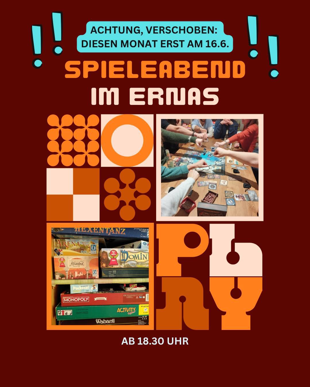 An alle Würfelfüchse und Brettspielenthusiastinnen, Taktiker:innen und Freund:innen unseres Spieleabends:
Da der zweite Montag des Juni auf einen Feiertag (den Pfingstmontag) fällt, an dem das ERNAs geschlossen hat, wird der Spieleabend um eine Woche nach hinten verschoben. Wir sehen uns also am 16.6. zu den nächsten fröhlichen Spielrunden...
Dafür können alle, die sich nicht nur für Gesellschafts-Spiele sondern auch andere Gesellschafts-Themen interessieren schon direkt vorher ab 17 Uhr zur Lesung eines Kapitels aus dem Buch "öffentlicher Luxus" kommen. Wird sicher auch sehr spannend und unterhaltsam!
Habt eine gute Zeit und bis dahin 🎲🧩🥛🥨
#ernas_veranstaltungen #spieleabend #verschoben