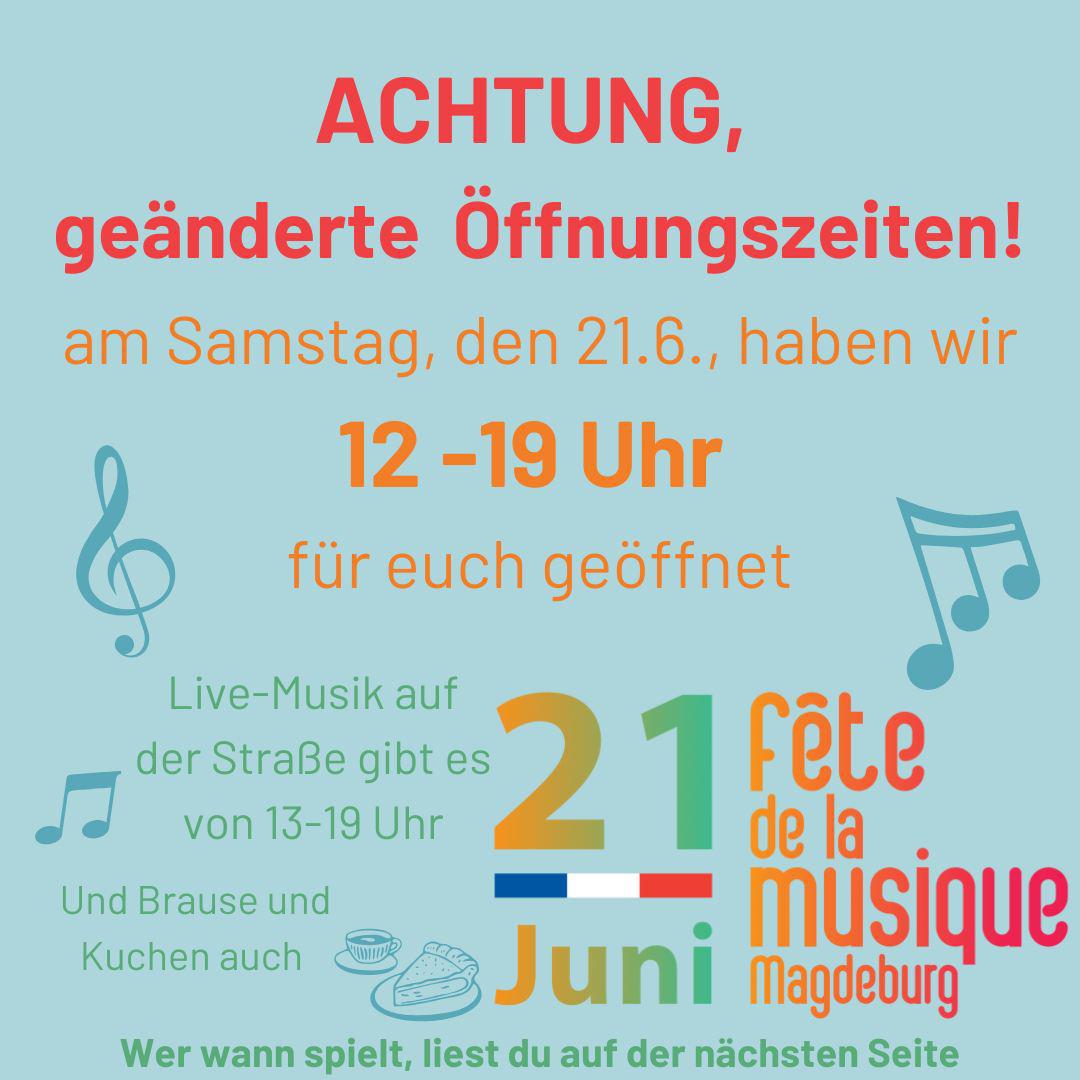 Liebe Menschen! Wir sind schon voller Vorfreude auf einen musikalischen und sonnigen Samstag im Rahmen der @fetemagdeburg !
An diesem Tag gibt es von 13 bis 19 Uhr Live-Musik auf der Straße vorm ERNAs und auch unser Laden hat länger, nämlich bis 19 Uhr geöffnet. Um das personell hinzukriegen, öffnen wir deshalb erst um 12 Uhr. Wir hoffen auf euer Verständnis und eine tolle Veranstaltung. Kommt vorbei!
#ernas_veranstaltungen #fetedelamusique #fetemagdeburg #musik #kaffee #brause #kuchen #kartoffelsalat #mitsommer #längstertagdesjahres #sommer