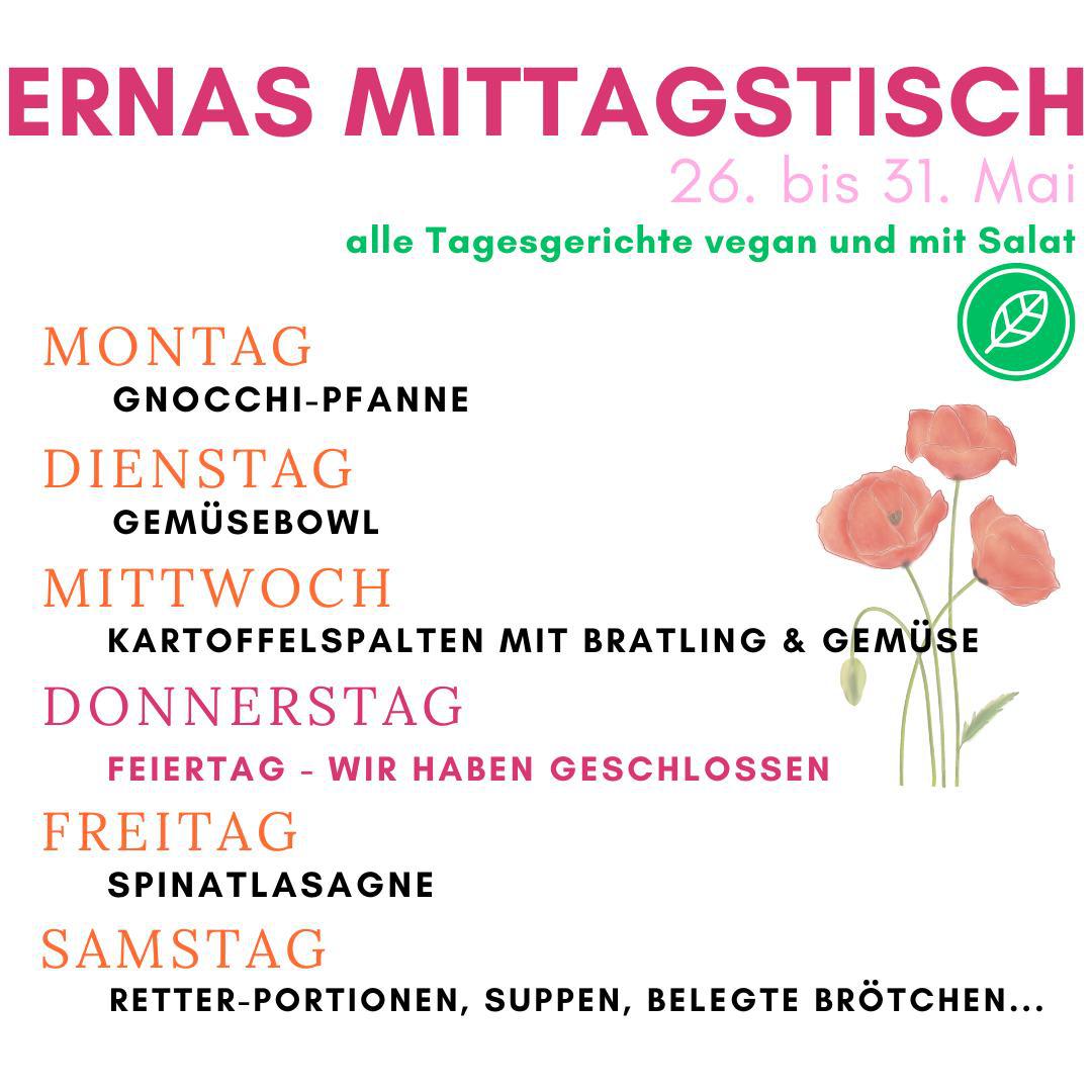 Die nächste kurze Woche steht uns bevor uns wir haben an fünf von sechs Tagen für euch auf und versorgen euch gerne mit Essen und Getränken! 😊
#ernas_wochenplan #gemüsebowl #gnocchipfanne #kartoffelspalten #veganerbratling #spinatlasagne
#lecker #unddanacheineis
