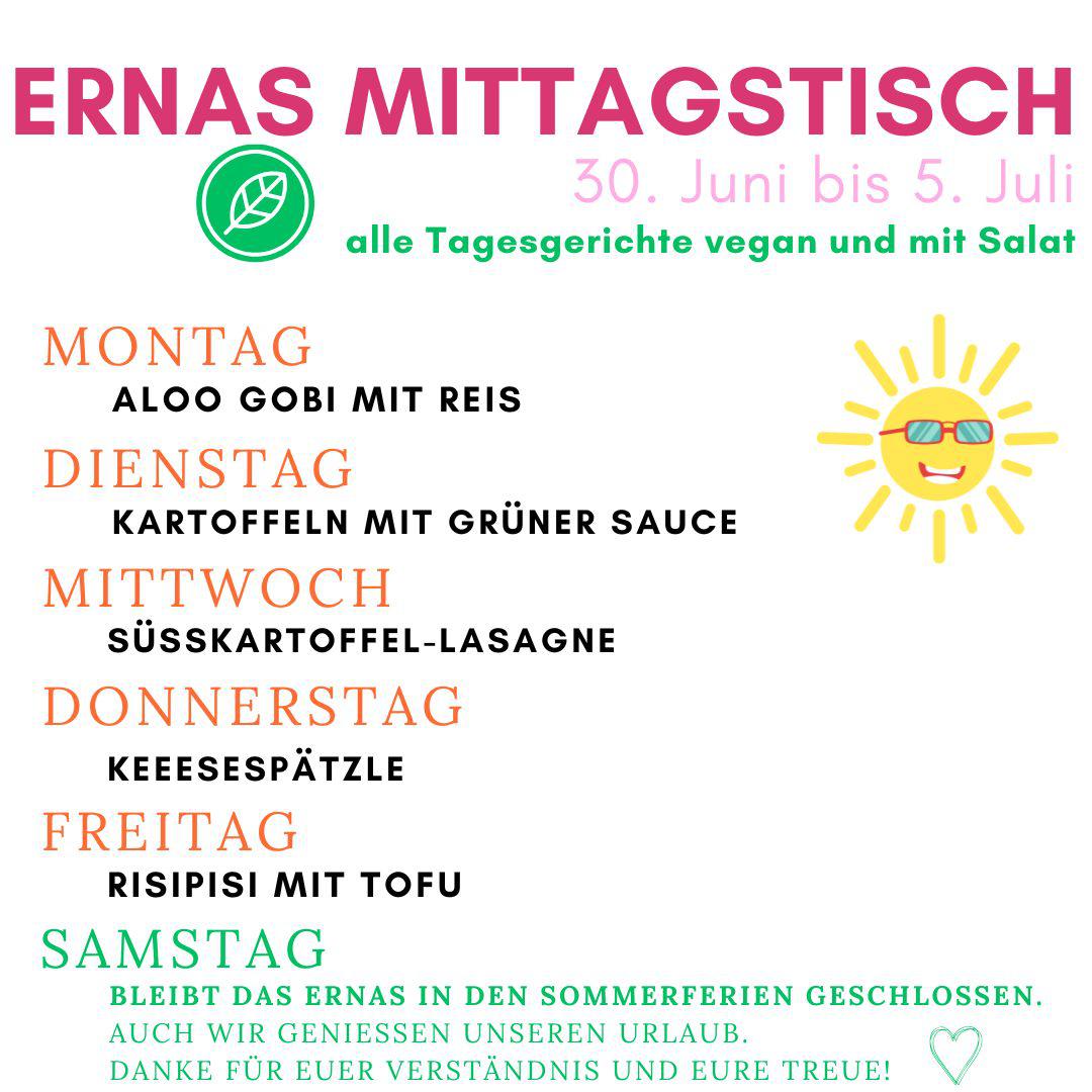 Auch in den Sommerferien gibt es bei uns täglich frisch gekocht ein leckeres veganes Mittagessen! Und aus Erfahrung kann ich sagen, dass das sehr oft auch den Kindern richtig gut schmeckt... Falls nicht, haben wir ja auch Milchreis oder Brötchen da, für die wir euch gerne Aufstrich (süß oder salzig) oder Käse dazugeben. Wenn ihr euch also mal einen Tag nicht ums Kochen kümmern könnt oder wollt... es sind ja schließlich Ferien!
Weil die meisten unserer Teammitglieder reihum auch mal in den Urlaub fahren haben wir samstags geschlossen, um diejenigen, die für euch den Laden offen halten, nicht zu überlasten. Plant deshalb gerne eure Einkäufe entsprechend für einen Wochentag ein. Danke für euer Verständnis und eure Treue 🥰
#ernas_wochenplan #sommerferien #wirsindfüreuchda #aloogobi #grünesosse #süßkartoffellasagne #veganekäsespätzle #risipisi